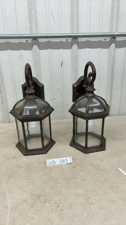 Pair of Outdoor Wall Lantern Sconces, Distressed Bronze, Hexagonal Glass