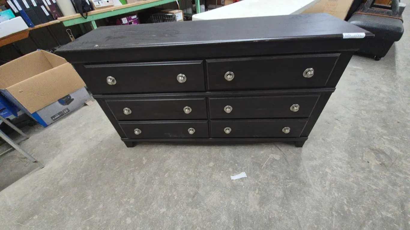 Dark Brown Six-Drawer Dresser with Silver Knobs and More. 33”×58”×16”