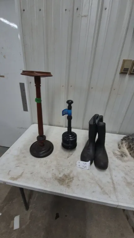Wooden Pedestal Ashtray Stand, Plunger, and Rubber Boots, Size 13
