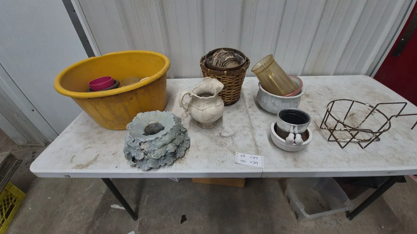 Assorted Planters and Decor: Large Yellow Tub, Green Man Planter, Pitcher, Baskets