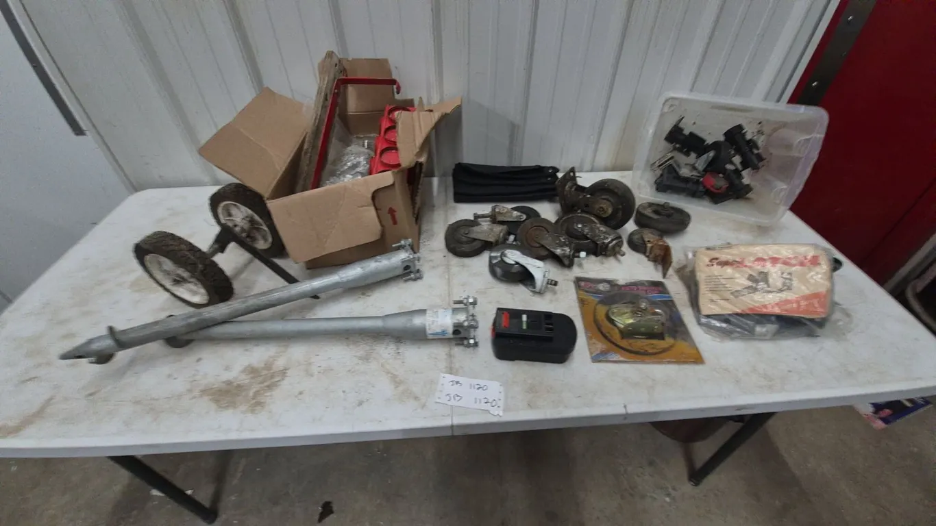 Assorted Casters, Wheels, and Hardware: Incl. 2 Ground Anchors with Wheels, 1 6” Auto Vacuum