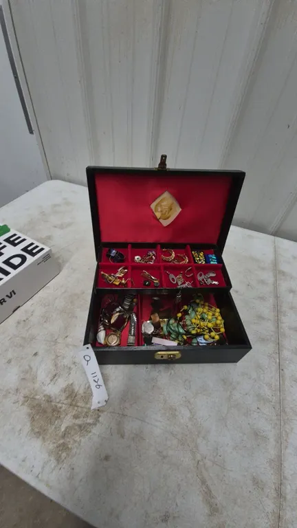 Black and Red Jewelry Box with Gold-Tone Earrings, Rings, Brooches, Watches