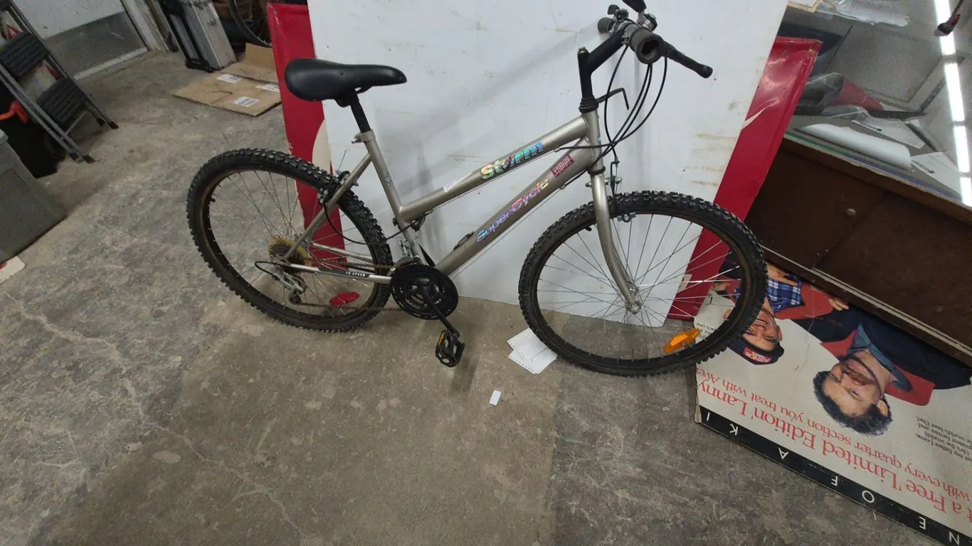 SuperCycle Skylark Storm 18-Speed Mountain Bike, Silver Frame. 26”