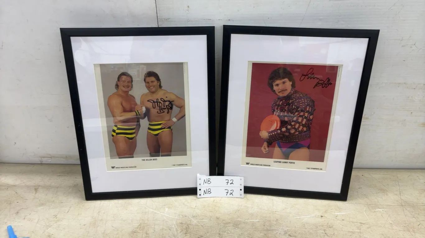 Two 15 × 12 Framed 1987 WWF Autographed Photos: The Killer Bees and Leaping Lanny Poffo