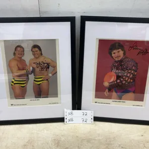 Two 15 × 12 Framed 1987 WWF Autographed Photos: The Killer Bees and Leaping Lanny Poffo