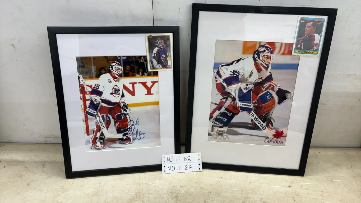 Two Framed Bob Essensa Photos (15 × 12 autographed and 17 × 13) and Two Bob Essensa Bowman Hockey