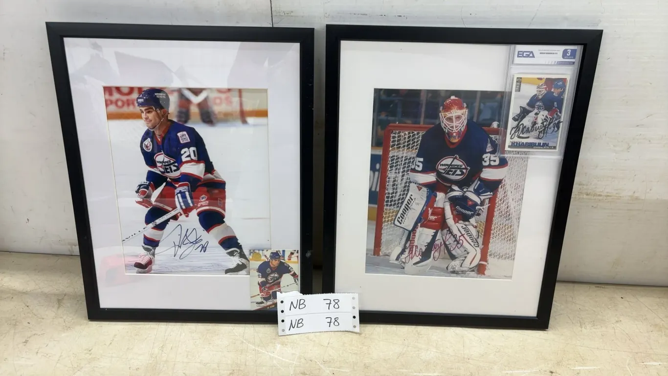 2 15 × 12 Framed Autographed Tie Domi and Nikolai Khabibulin Winnipeg Jets Photos and Hockey Cards