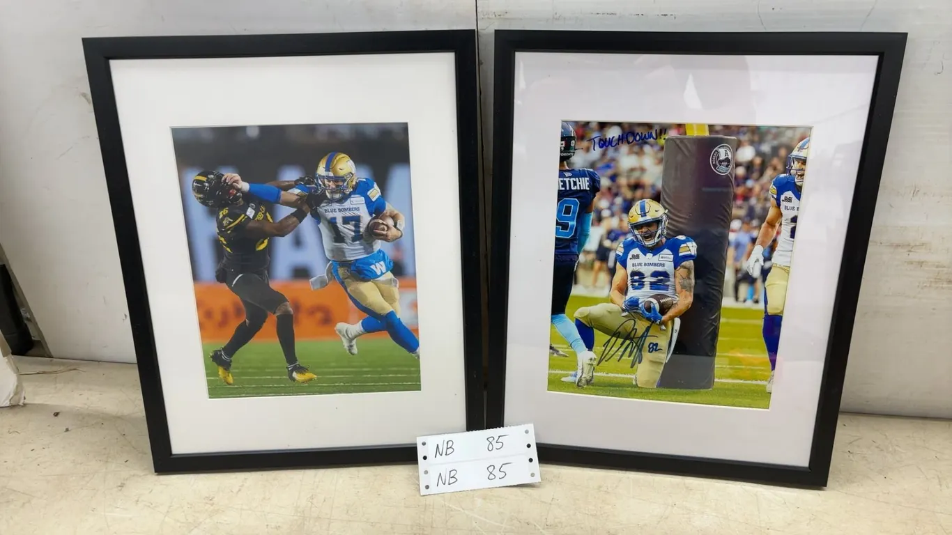 2 15 × 12 Framed and Autographed Blue Bombers Football Photos, Players #82 and #17