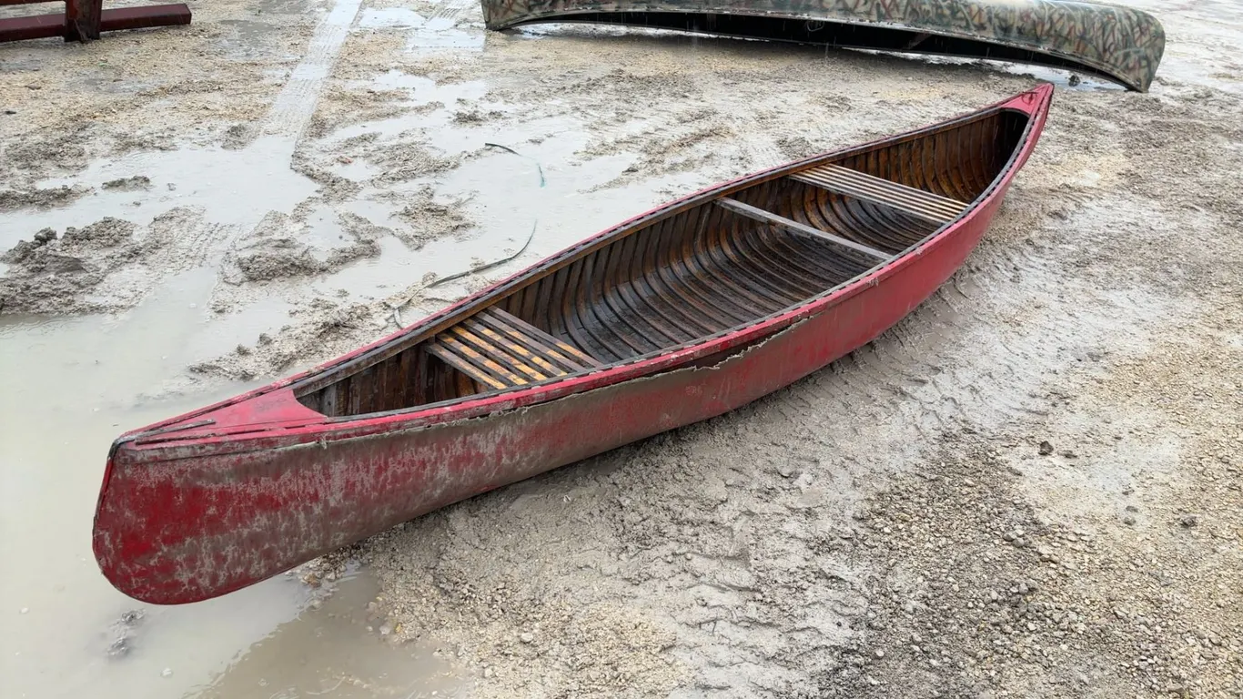 14ft Red, Wood and Canvas Canoe, 2 Wood Seats, and Bow Ring