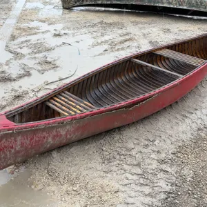 14ft Red, Wood and Canvas Canoe, 2 Wood Seats, and Bow Ring
