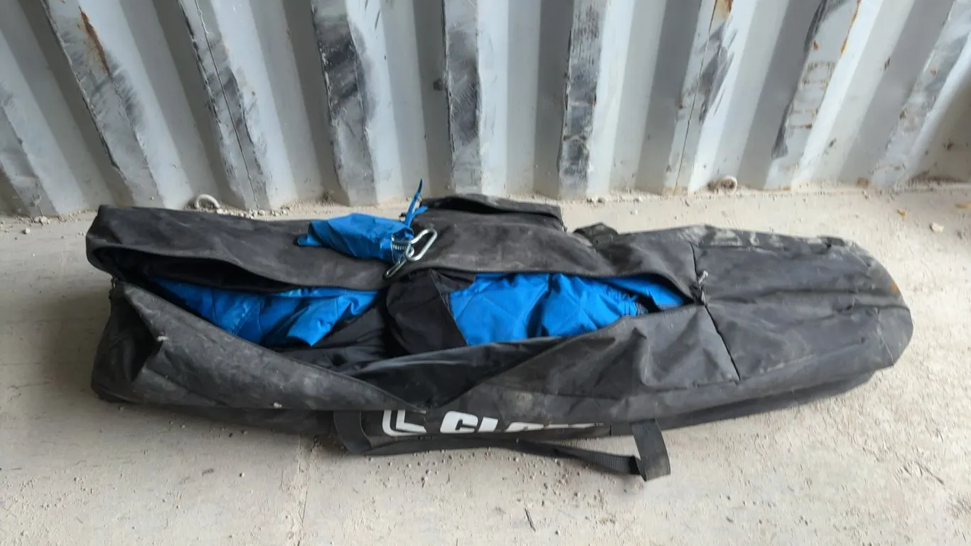 Clam Ice Fishing Shelter and Bag, Blue and Black Fabric, Metal Stakes and Hooks