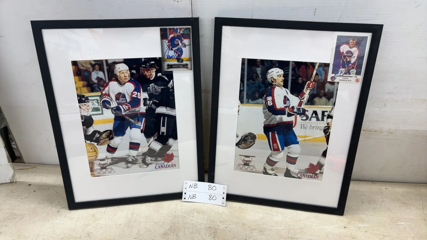 Two Framed Winnipeg Jets Hockey Photos; Thomas Steen and Laurie Boschman, Both with Signed Cards