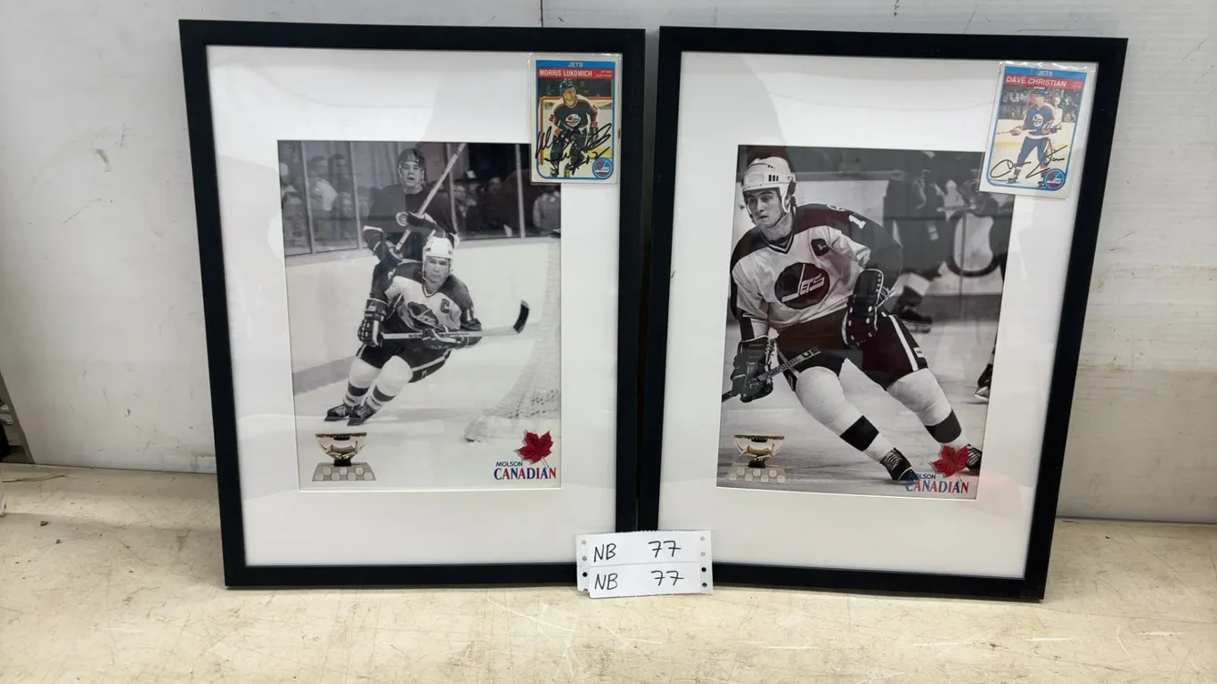 Two 17 × 13 Framed Hockey Photos with Autographed Morris Lukowich and Dave Christian Jets Hockey