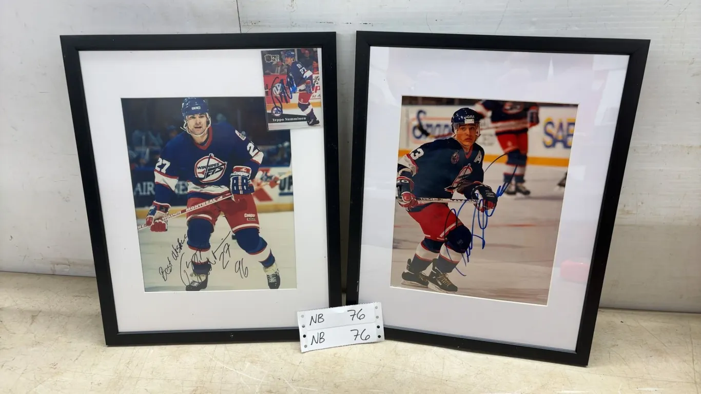 Two 15 × 12 Framed Winnipeg Jets Photos; Teemu Selanne and Autographed Teppo Numminen with Hockey