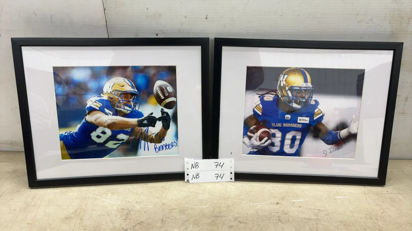 Two 15 × 12 Framed and Autographed Winnipeg Blue Bombers Football Player Photos