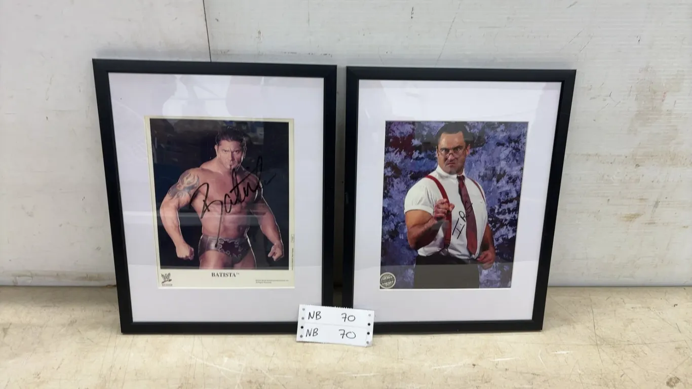 Two 15 × 12 Wrestling Framed and Autographed WWE Photos: Batista and I.R.S.