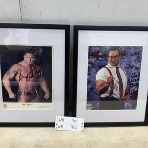Two 15 × 12 Wrestling Framed and Autographed WWE Photos: Batista and I.R.S.