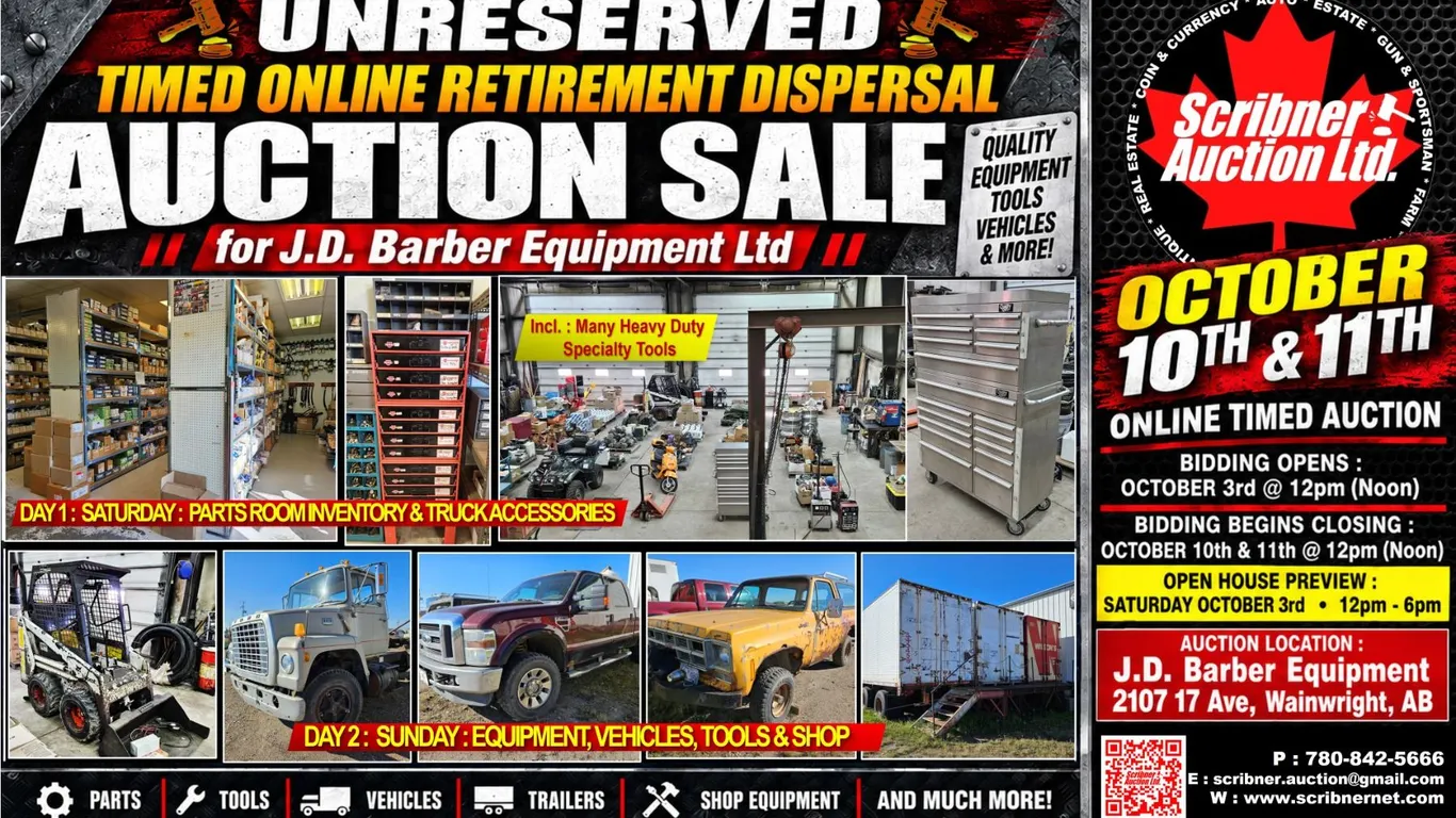 JD BARBER EQUIPMENT LTD. : Retirement Dispersal Auction Oct 10th & 11th : 2026