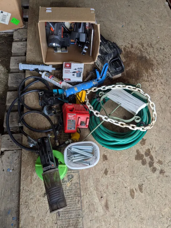 Misc. Tool Lot – Insect Fogger, Milwaukee Charger, Garden Hose, etc.