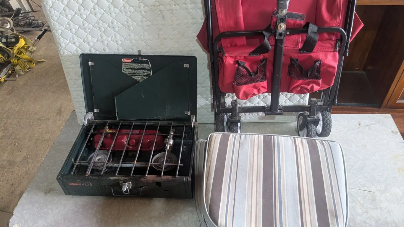 Camp Stove, Seat Cushions, Folding Wagon