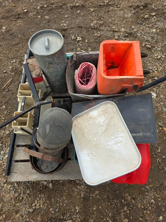Pallet of misc items, sifts, gas can