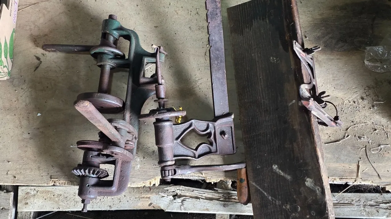 Antique tools, hand crank drill press, can sealer