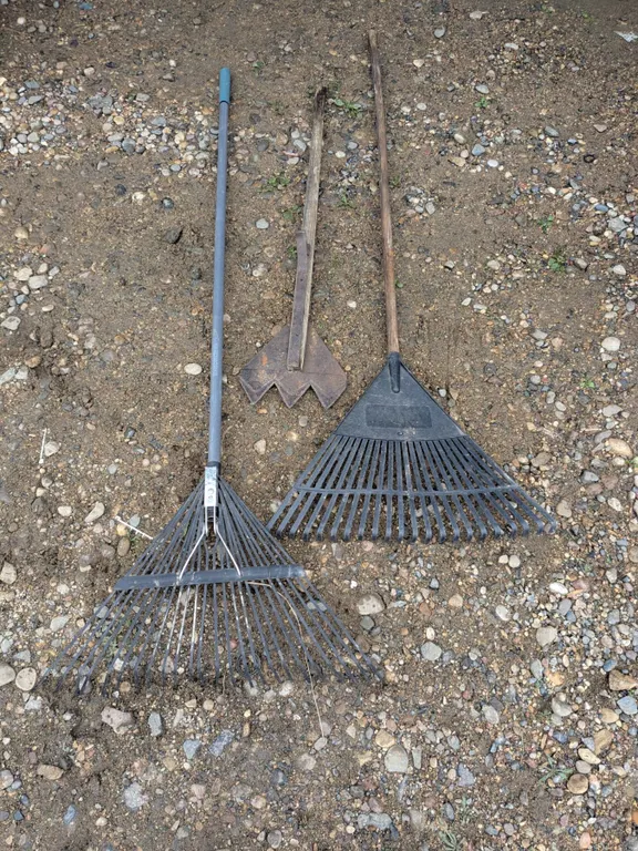 (2) Leaf Rakes, Vintage Hay Knife