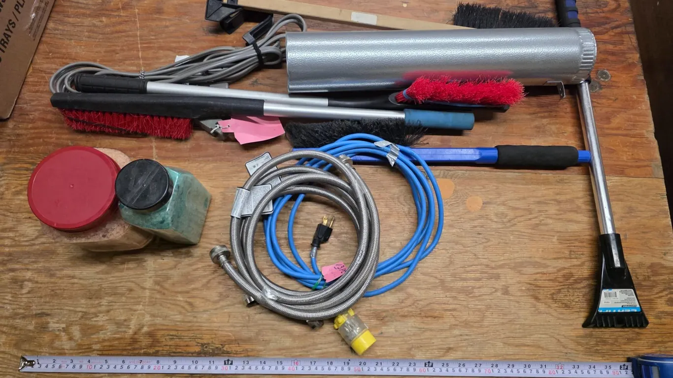 Lot of misc items, snow brushes, salt