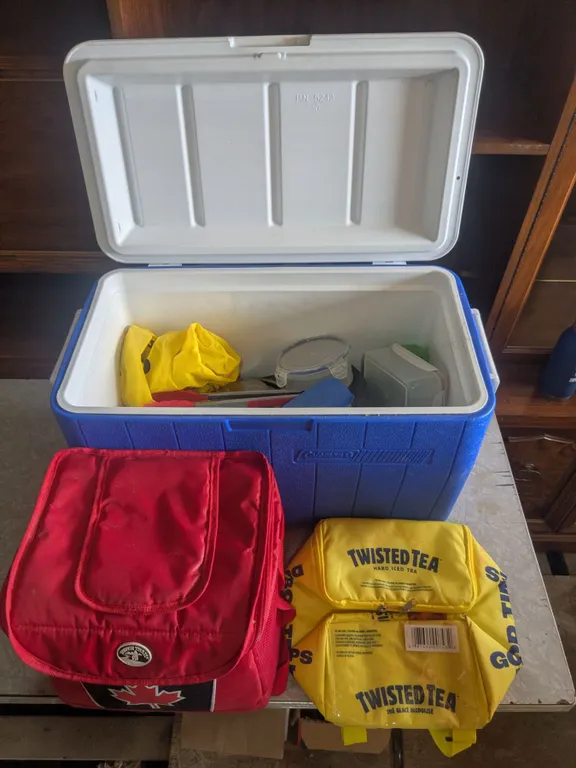 Coleman Cooler, (2) Cooler Bags, Kitchenware, etc.