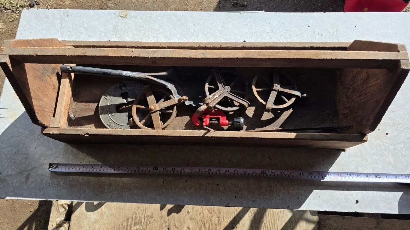 Tool carrier, antique pullies, misc