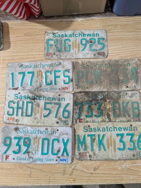 7 mixed sask license plates