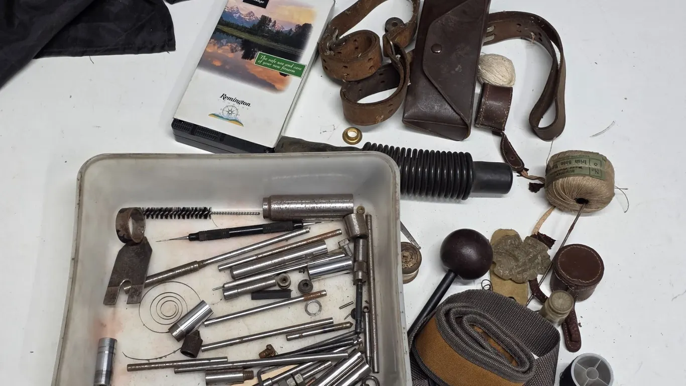 Misc. Hunting Lot – Gun Reloading Items, Strap, Belt, Call, etc.