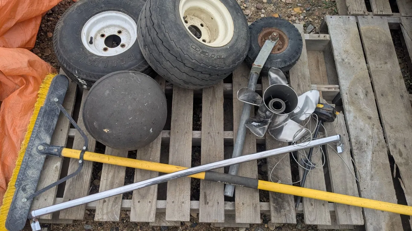 Mixed Pallet Lot – Trailer/Implement Tires, Shop Broom, etc.