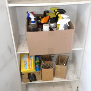 2 White Storage Cabinets; w/ Contents inside Large Cabinet