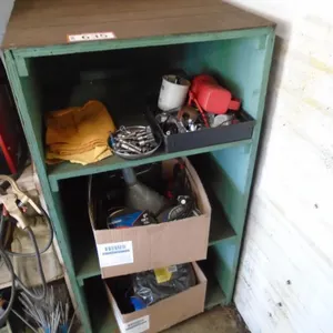 Storage Cupboard w. Misc. Items – Funnel, Hose, Bits, Extension Cord
