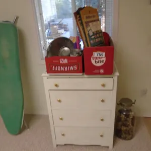 Small White Dresser w/Vintage Strainer, Calendar Hangers, Ironing Board