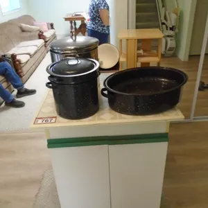 Small Cabinet w/Turkey Roaster, Blanche Pot, SS Pots