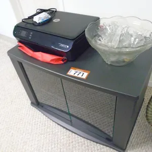 Punch Bowl, TV Stand w/ Glass Doors, hp Photocopier