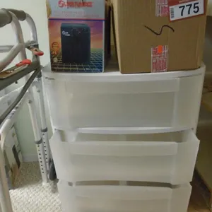 Plastic Storage Unit on Wheels, Ice Buckets, Ceramic Heater, Walker