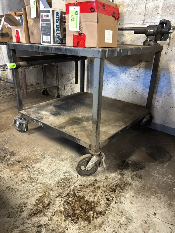 44" x 44" Metal Work Bench on Castor Wheels with Vise **Contents Not Included**