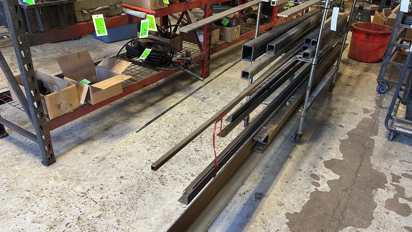 3 Shelf Metal Rack with Assortment of Square Tubing Flat Iron, Angle Iron, Cold Roll Red Various Dimensions and Heights