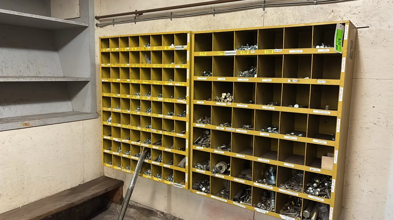 (2) Pigeon Hole Bolt Bins and Assorted Ready Rod with (2) Pails of Assorted Nuts and Bolts
