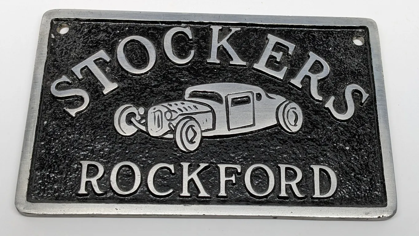 VINTAGE ORIGINAL CAR CLUB PLAQUE SIGN STOCKERS ROCKFORD (ILLINOIS)