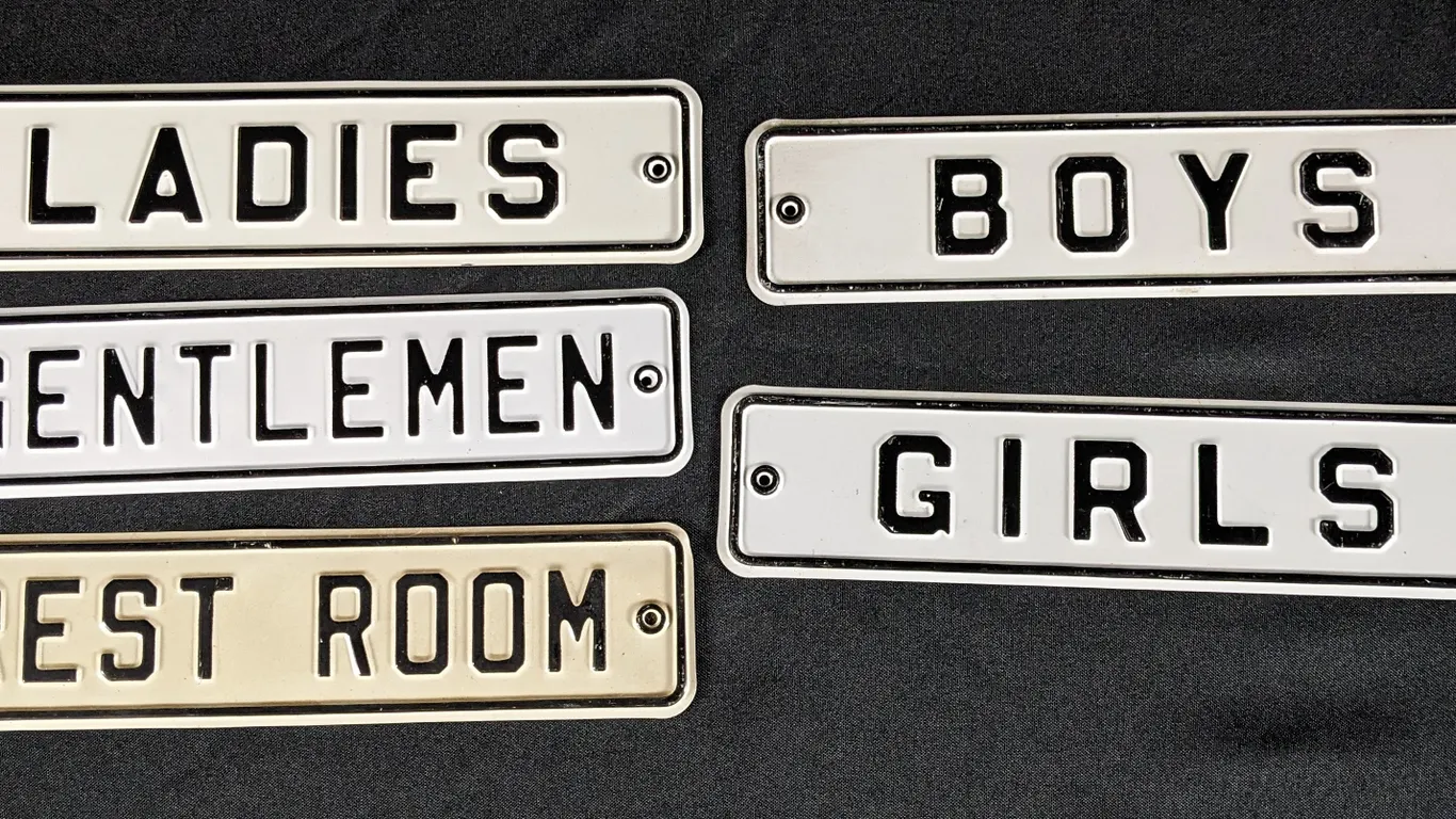 VINTAGE EMBOSSED ALUMINUM REST ROOM SIGNS LADIES GENTELMAN BOYS GIRLS RESTROOM