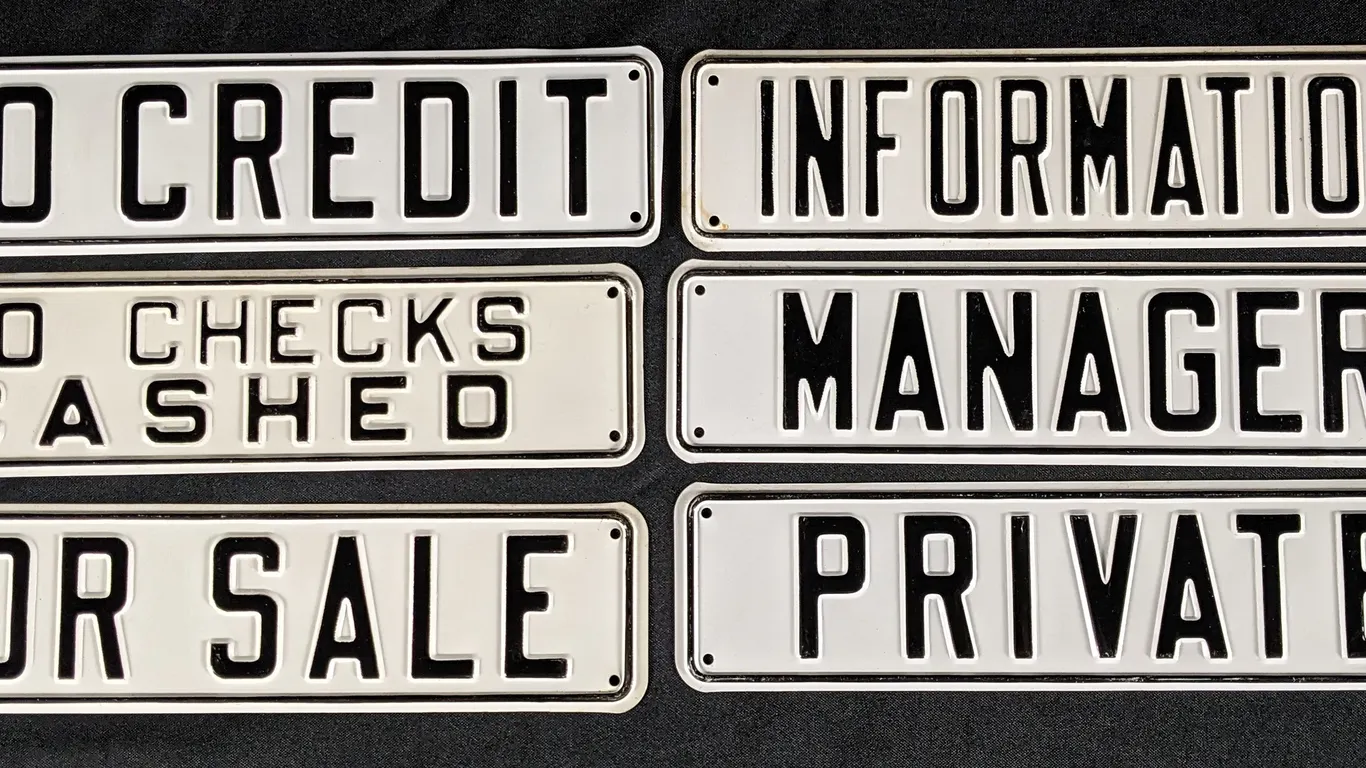 VINTAGE EMBOSSED ALUMINUM SIGNS NO CREDIT-NO CHECKS CASHED-FOR SALE-INFORMATION-MANAGER-PRIVATE