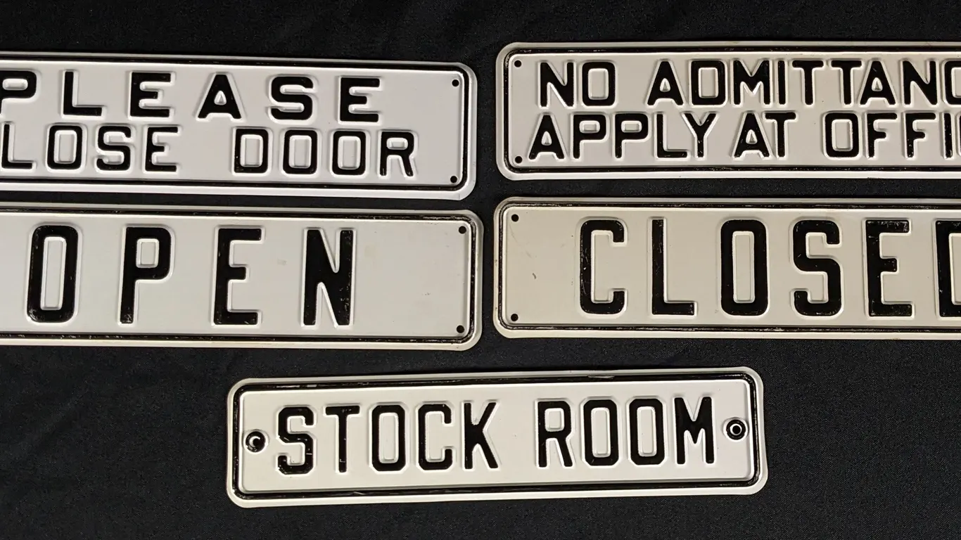 VINTAGE ALUMINUM SIGNS STOCK ROOM-NO ADMITTANCE APPLY AT OFFICE-CLOSED-PLEASE CLOSE DOOR-OPEN