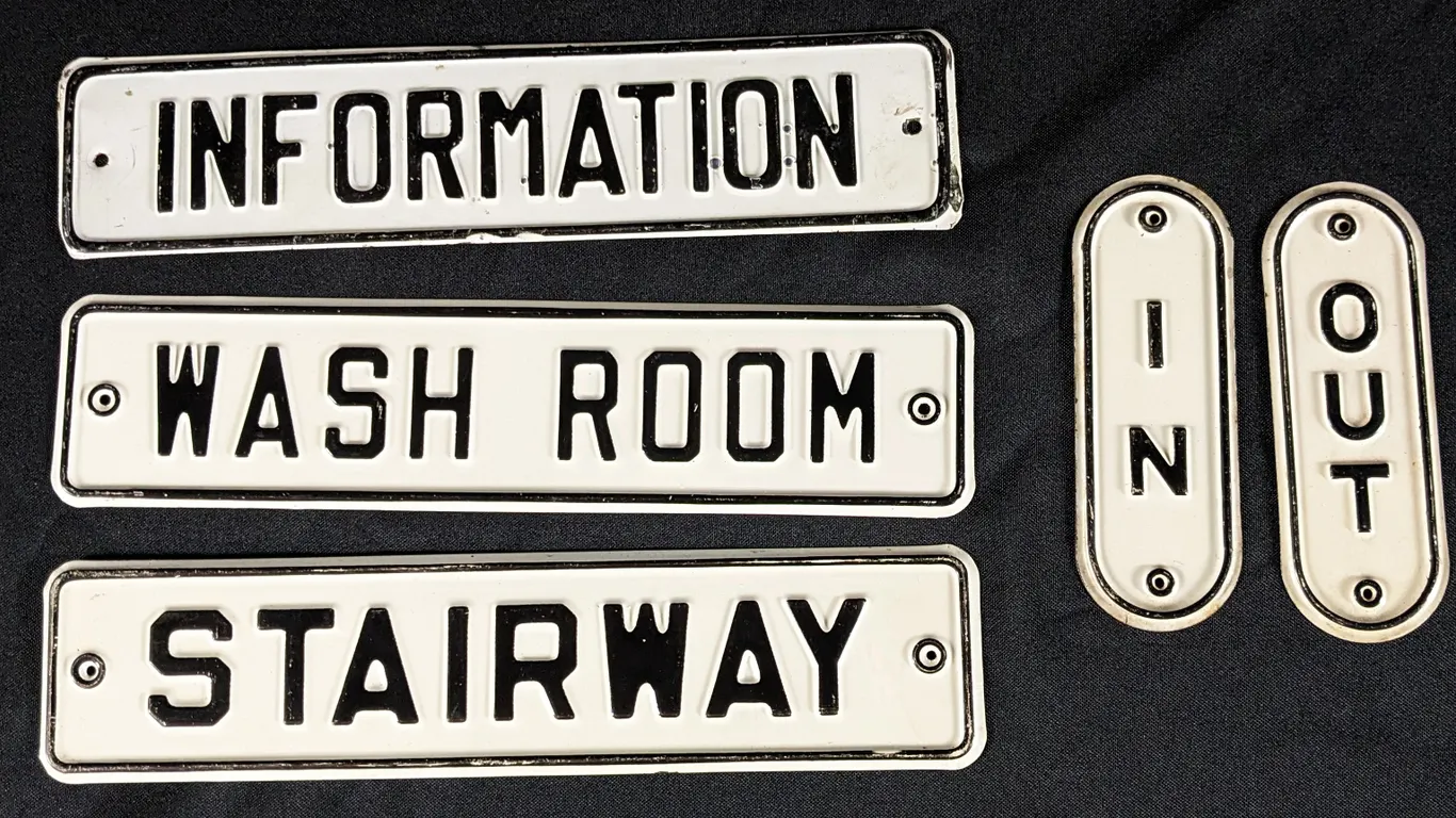 VINTAGE TIN SIGNS STAIRWAY-WASH ROOM-INFORMATION-IN OUT
