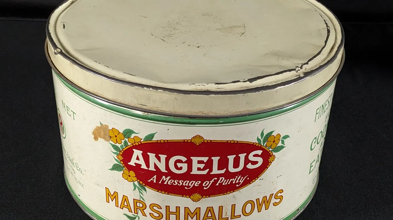 5# TIN LITHO CAN ANGELUS MARSHMALLOWS THE CRACKER JACK CO CHICAGO & NEW YORK