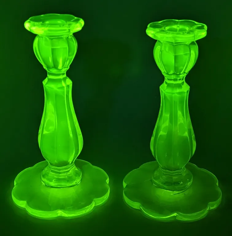 MASSIVE HEAVY VASELINE GLASS CANDLESTICKS (URANIUM GLASS)