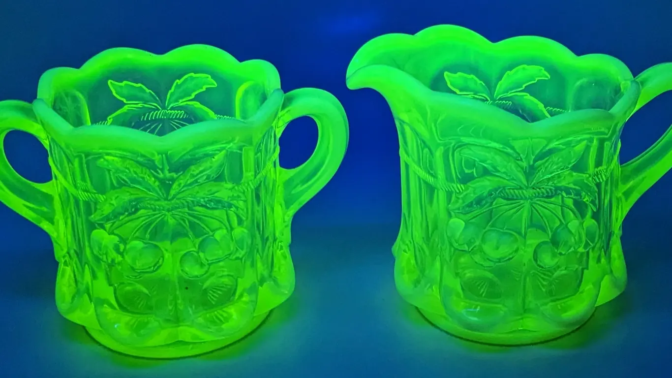 MOSSER VASELINE GLASS CHERRY & CABLE CREAMER & SUGAR (URANIUM GLASS)
